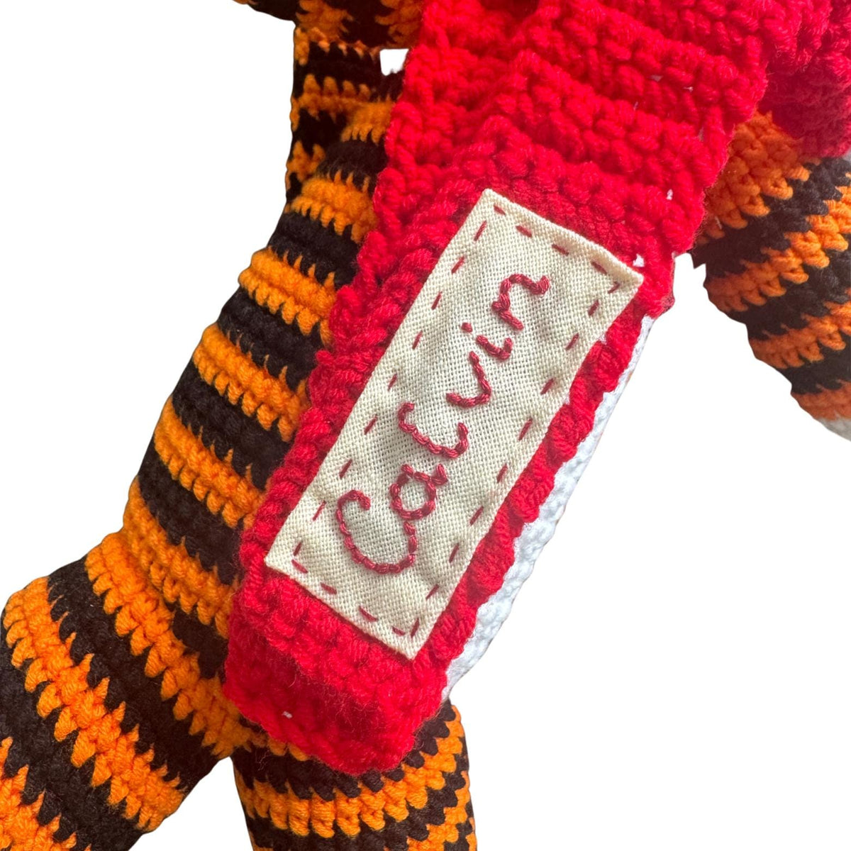 Handmade Crochet Tiger Plushie with Red Scarf, Personalized Name, Amigurumi Stuffed Toy, 12-25 inch Sizes, Baby Shower Gift, Nursery Decor