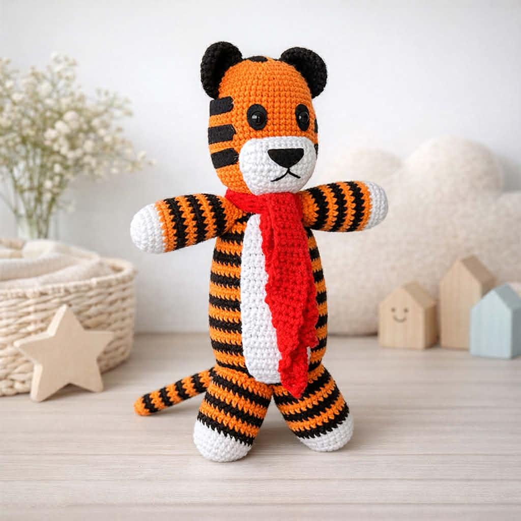 Handmade Crochet Tiger Plushie with Red Scarf, Personalized Name, Amigurumi Stuffed Toy, 12-25 inch Sizes, Baby Shower Gift, Nursery Decor