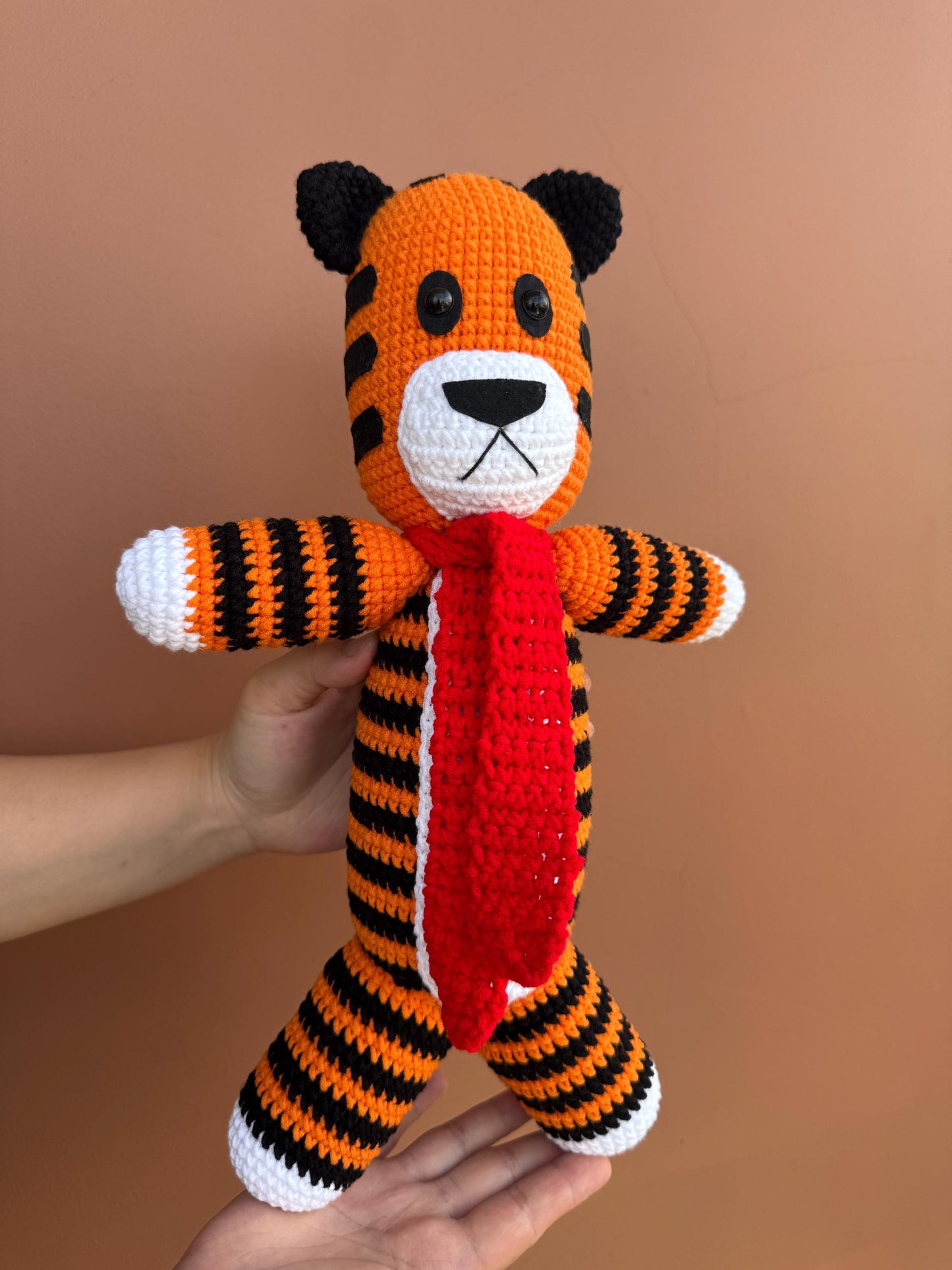 Handmade Crochet Tiger Plushie with Red Scarf, Personalized Name, Amigurumi Stuffed Toy, 12-25 inch Sizes, Baby Shower Gift, Nursery Decor